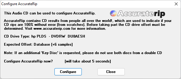 Exact Audio Copy - AccurateRip Configure Window.