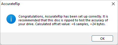 Exact Audio Copy - AccurateRip Setup Correctly Window.