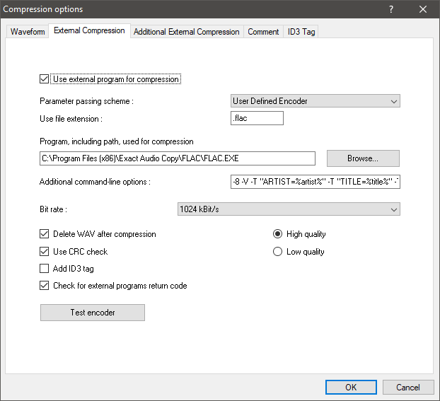 Exact Audio Copy - Compression Options External Compression Tab Settings.