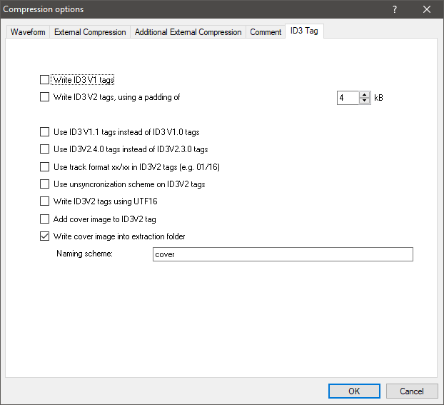 Exact Audio Copy - Compression Options ID3 Tag Tab Settings.