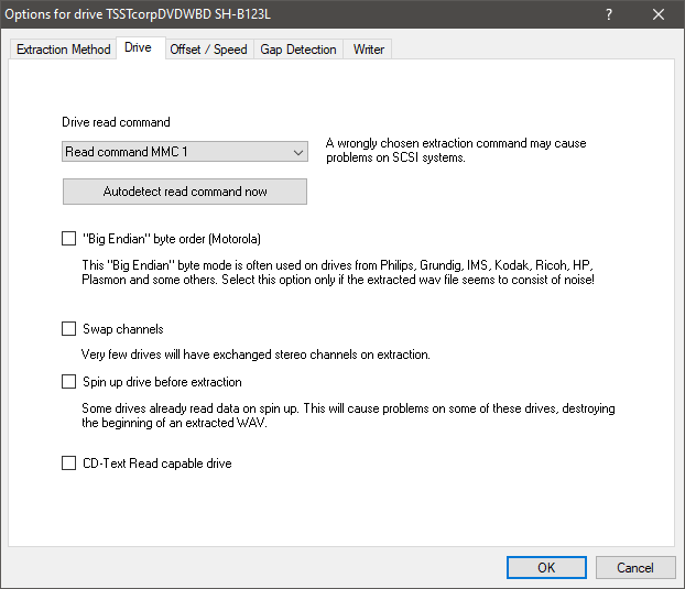 Exact Audio Copy - Drive Options Drive Tab Settings.