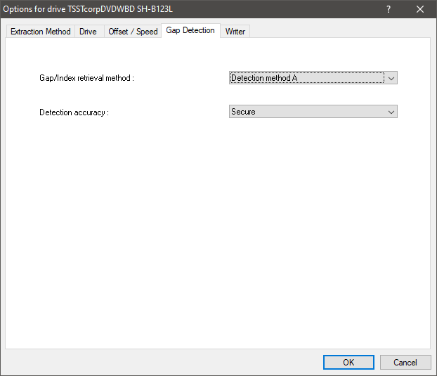 Exact Audio Copy - Drive Options Gap Detection Tab Settings.