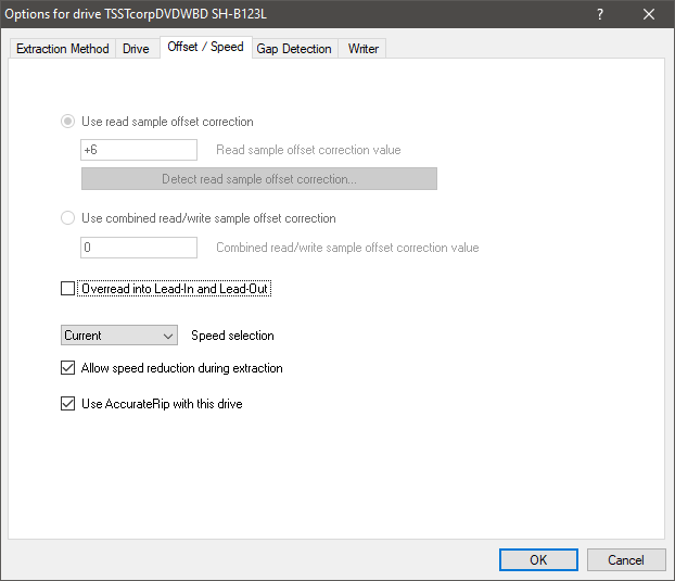 Exact Audio Copy - Drive Options Offset / Speed Tab Settings.