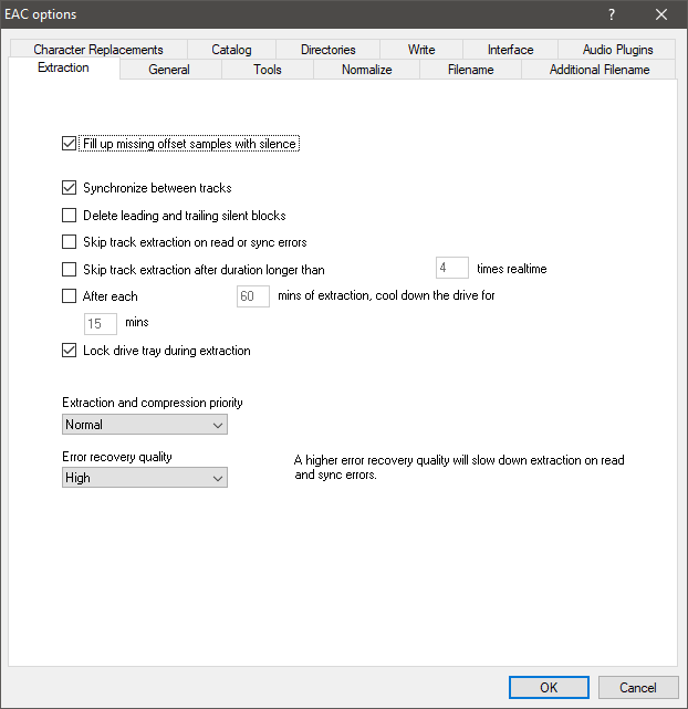 Exact Audio Copy - EAC Options Extraction Tab Settings.