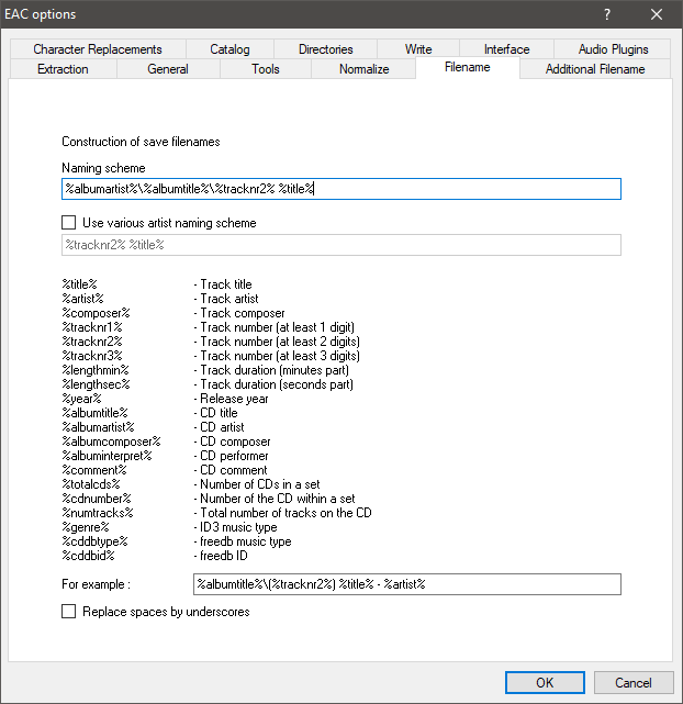 Exact Audio Copy - EAC Options Filename Tab Settings.