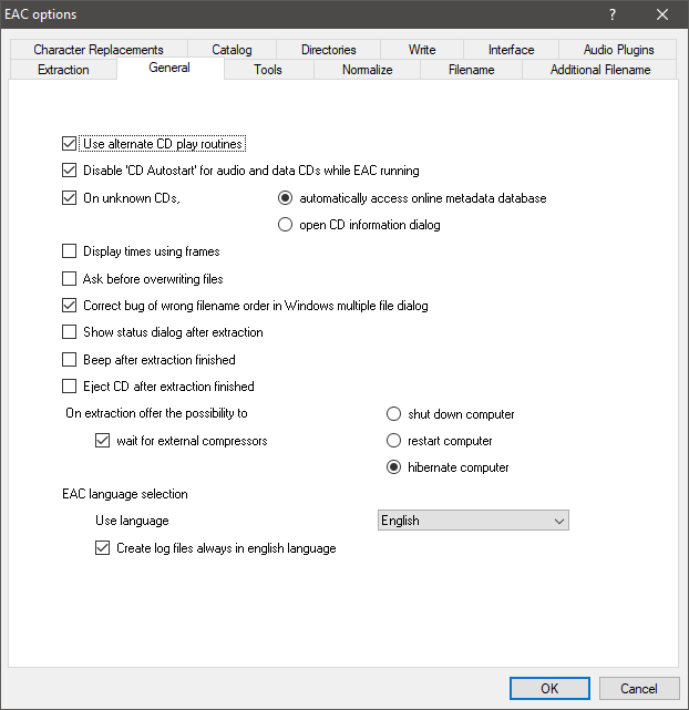 Exact Audio Copy - EAC Options General Tab Settings.