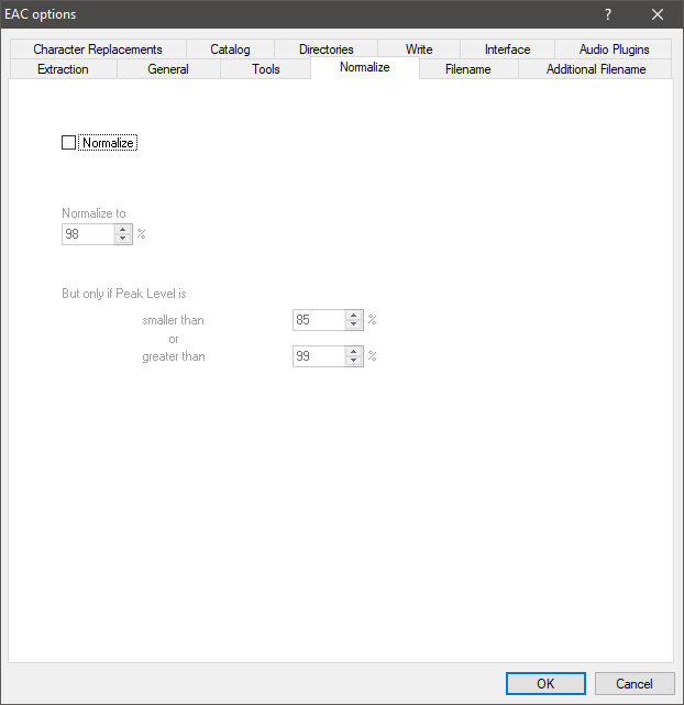 Exact Audio Copy - EAC Options Normalize Tab Settings.