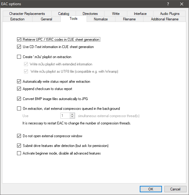 Exact Audio Copy - EAC Options Tools Tab Settings.