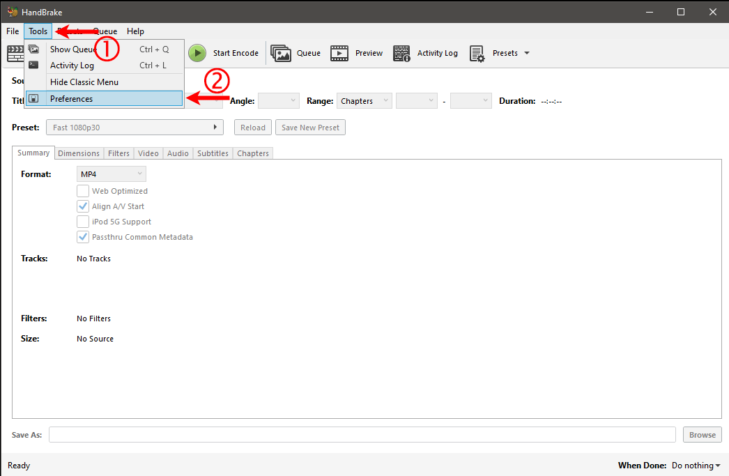 Handbrake Preferences Option in Tools Menu.