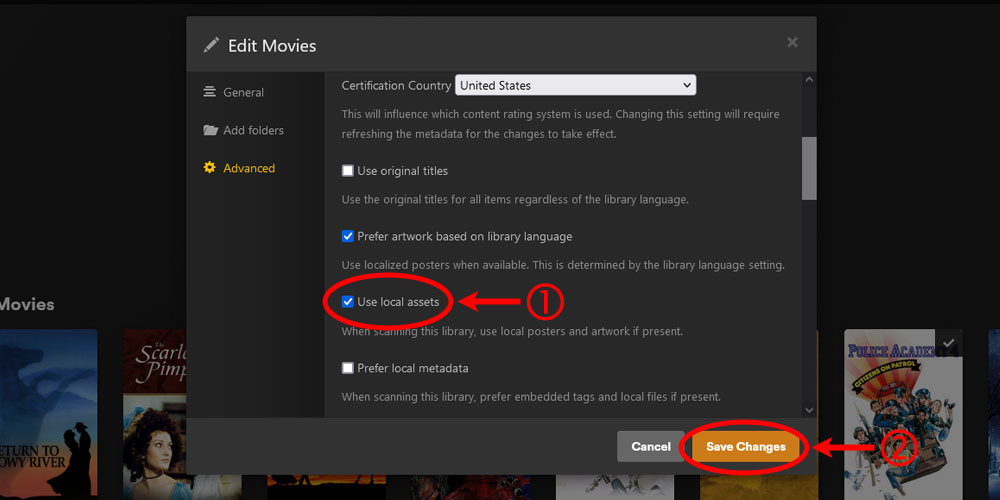 Plex Edit Movies Library Use Local Assets Option.