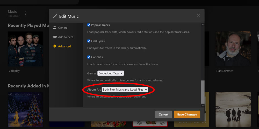 Plex Edit Music Library Album Art Option.