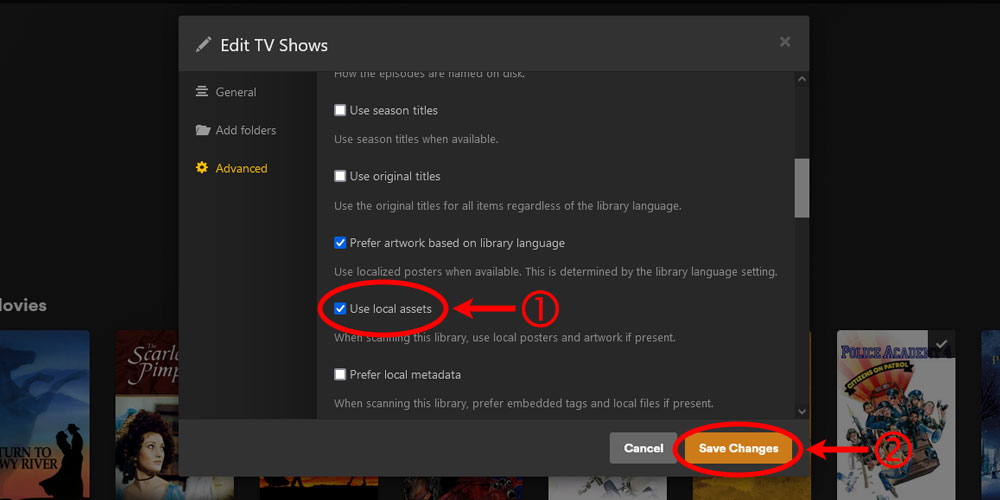 Plex Edit TV Shows Library Use Local Assets Option.