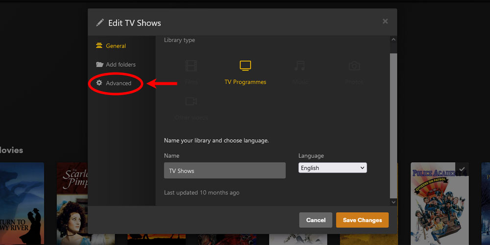 Plex Edit TV Shows Library Advanced Option.